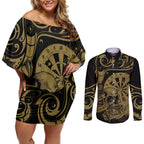 New Zealand Darts Couples Matching Off Shoulder Short Dress and Long Sleeve Button Shirt Skull In Dart We Trust Maori Pattern - Aussie Hoodie