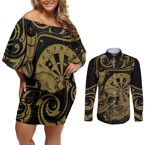 New Zealand Darts Couples Matching Off Shoulder Short Dress and Long Sleeve Button Shirt Skull In Dart We Trust Maori Pattern - Aussie Hoodie