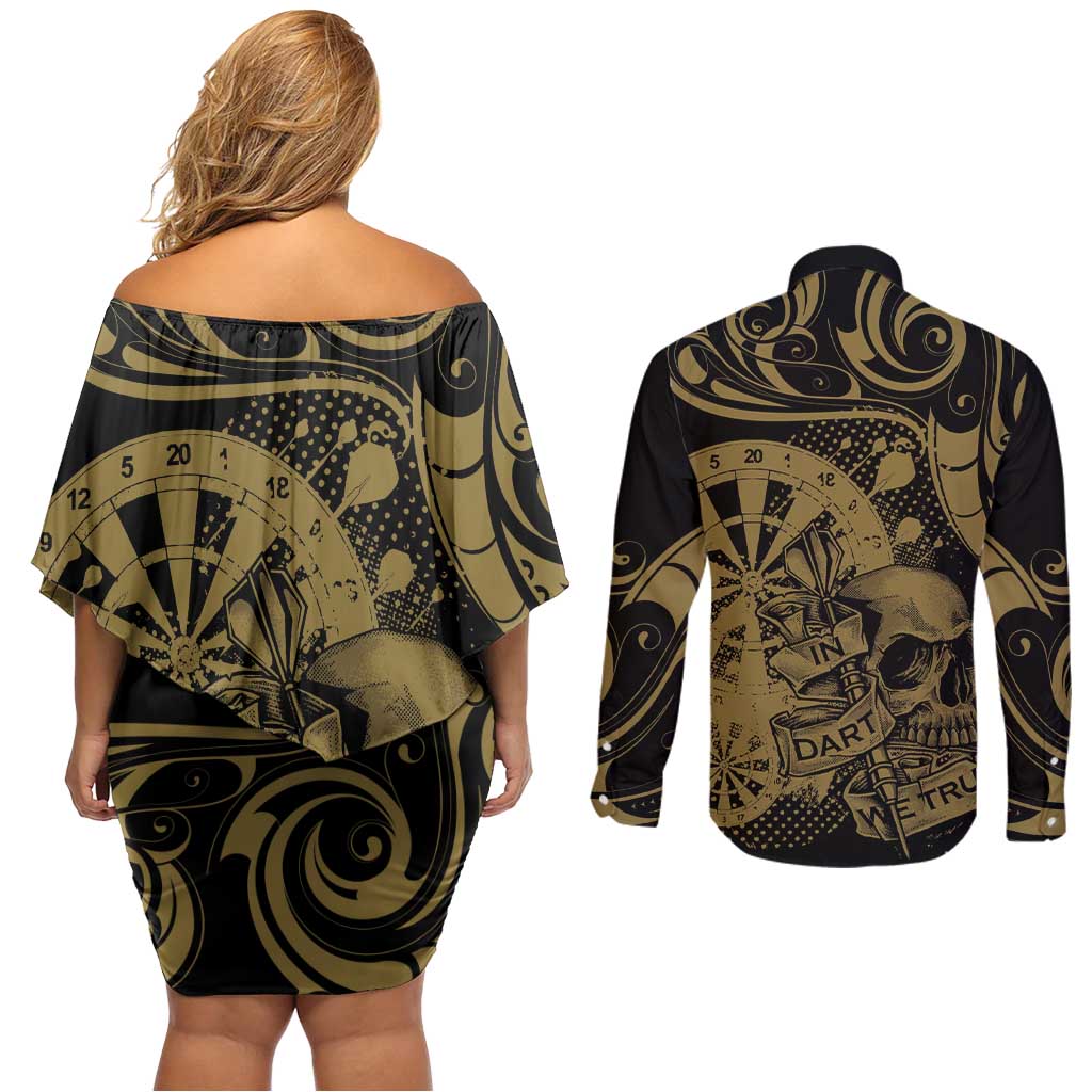 New Zealand Darts Couples Matching Off Shoulder Short Dress and Long Sleeve Button Shirt Skull In Dart We Trust Maori Pattern - Aussie Hoodie