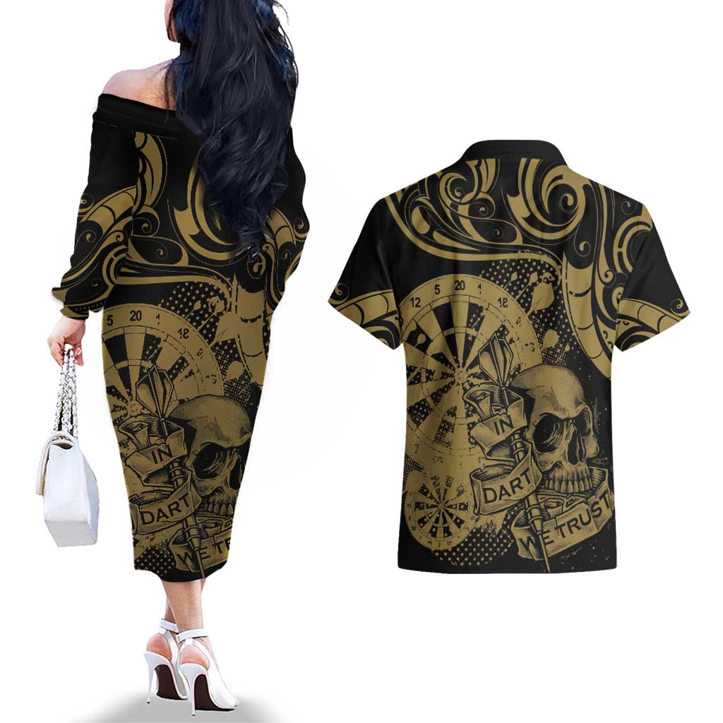 New Zealand Darts Couples Matching Off The Shoulder Long Sleeve Dress and Hawaiian Shirt Skull In Dart We Trust Maori Pattern - Aussie Hoodie