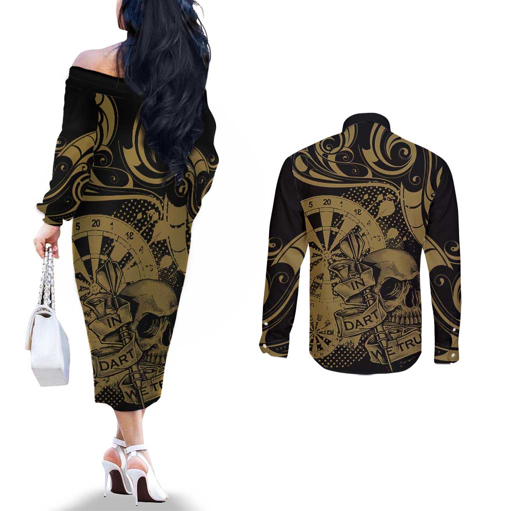 New Zealand Darts Couples Matching Off The Shoulder Long Sleeve Dress and Long Sleeve Button Shirt Skull In Dart We Trust Maori Pattern - Aussie Hoodie