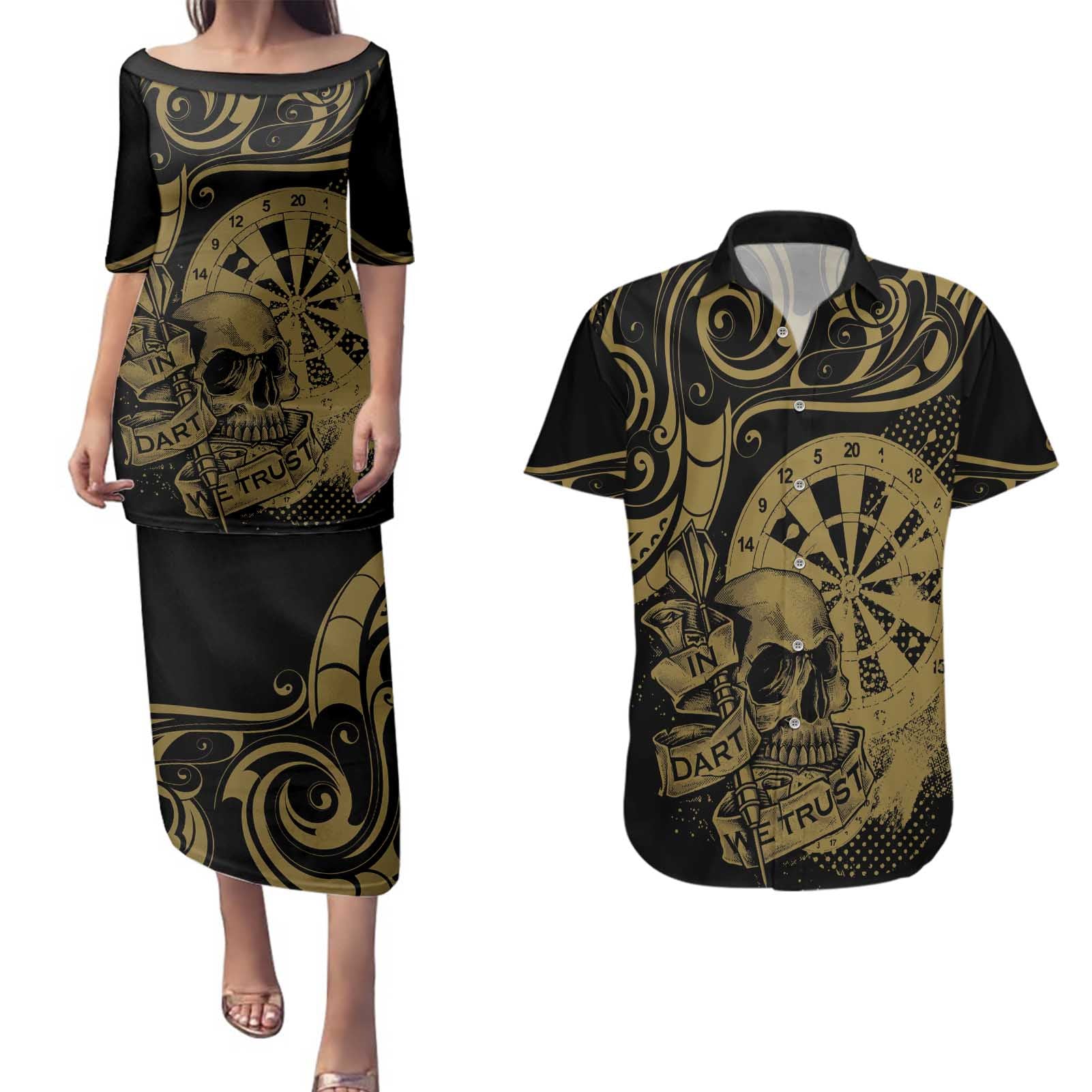 New Zealand Darts Couples Matching Puletasi and Hawaiian Shirt Skull In Dart We Trust Maori Pattern - Aussie Hoodie