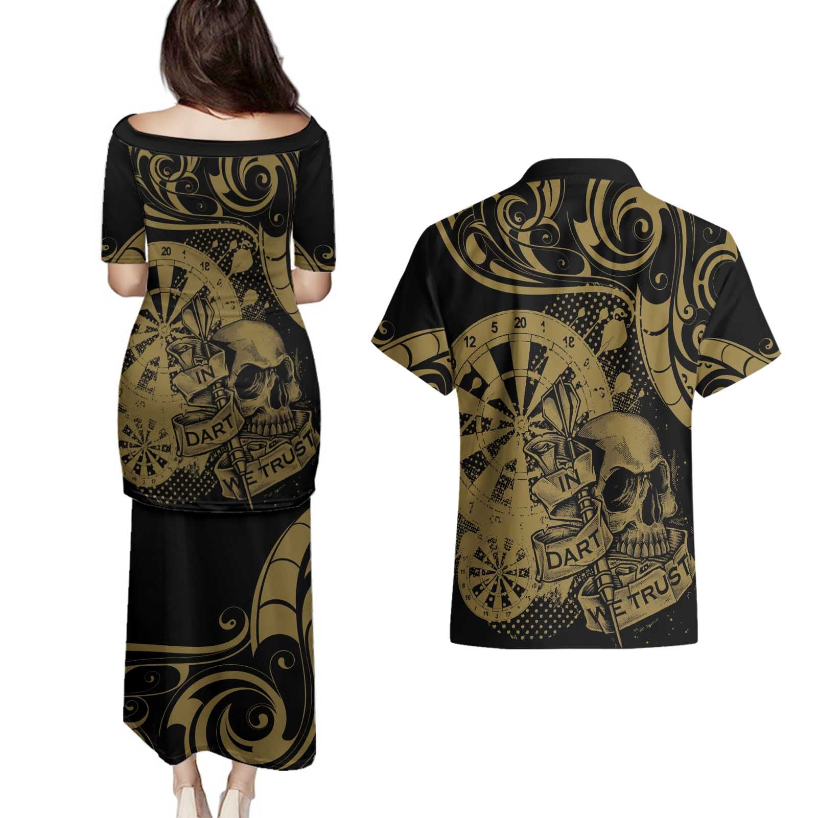 New Zealand Darts Couples Matching Puletasi and Hawaiian Shirt Skull In Dart We Trust Maori Pattern - Aussie Hoodie