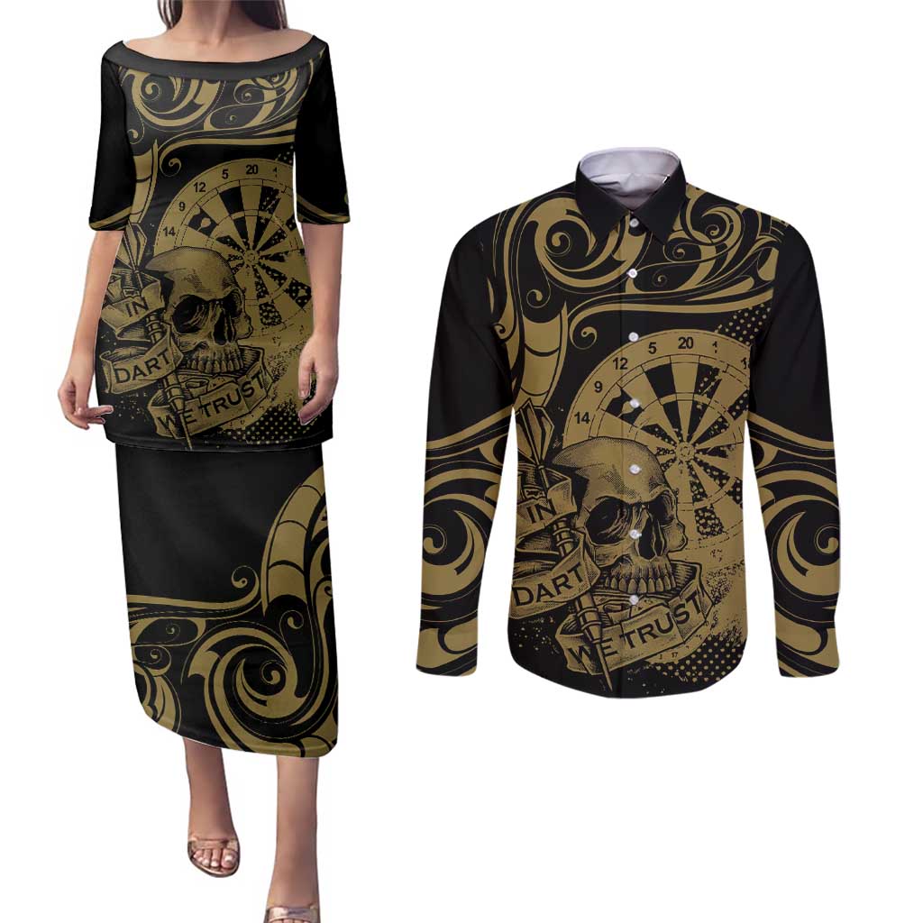New Zealand Darts Couples Matching Puletasi and Long Sleeve Button Shirt Skull In Dart We Trust Maori Pattern - Aussie Hoodie
