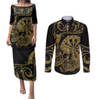 New Zealand Darts Couples Matching Puletasi and Long Sleeve Button Shirt Skull In Dart We Trust Maori Pattern - Aussie Hoodie