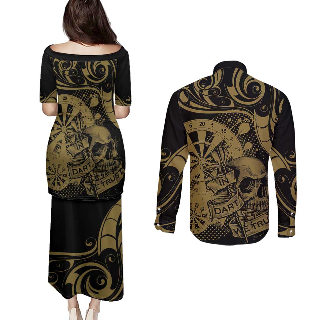 New Zealand Darts Couples Matching Puletasi and Long Sleeve Button Shirt Skull In Dart We Trust Maori Pattern - Aussie Hoodie