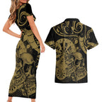 New Zealand Darts Couples Matching Short Sleeve Bodycon Dress and Hawaiian Shirt Skull In Dart We Trust Maori Pattern - Aussie Hoodie