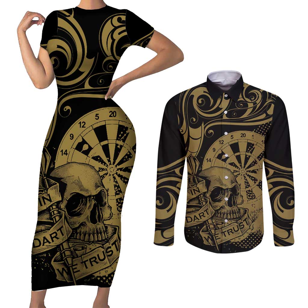 New Zealand Darts Couples Matching Short Sleeve Bodycon Dress and Long Sleeve Button Shirt Skull In Dart We Trust Maori Pattern - Aussie Hoodie