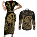 New Zealand Darts Couples Matching Short Sleeve Bodycon Dress and Long Sleeve Button Shirt Skull In Dart We Trust Maori Pattern - Aussie Hoodie