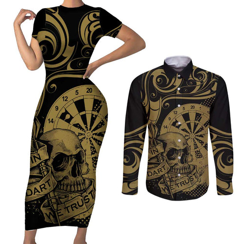 New Zealand Darts Couples Matching Short Sleeve Bodycon Dress and Long Sleeve Button Shirt Skull In Dart We Trust Maori Pattern - Aussie Hoodie