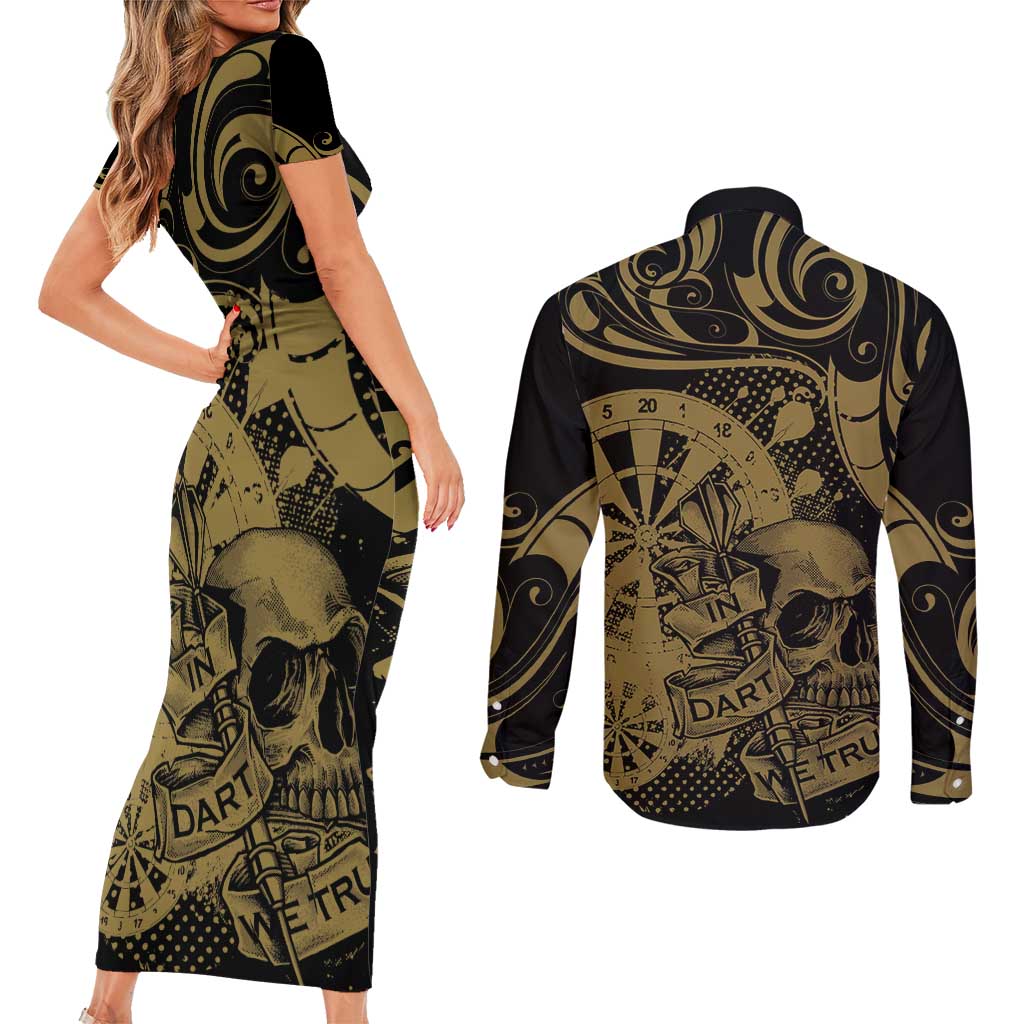 New Zealand Darts Couples Matching Short Sleeve Bodycon Dress and Long Sleeve Button Shirt Skull In Dart We Trust Maori Pattern - Aussie Hoodie