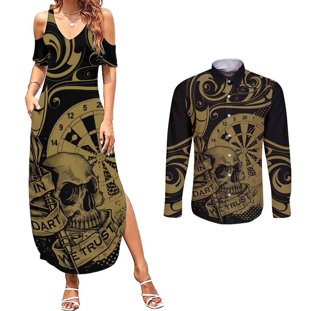 New Zealand Darts Couples Matching Summer Maxi Dress and Long Sleeve Button Shirt Skull In Dart We Trust Maori Pattern - Aussie Hoodie