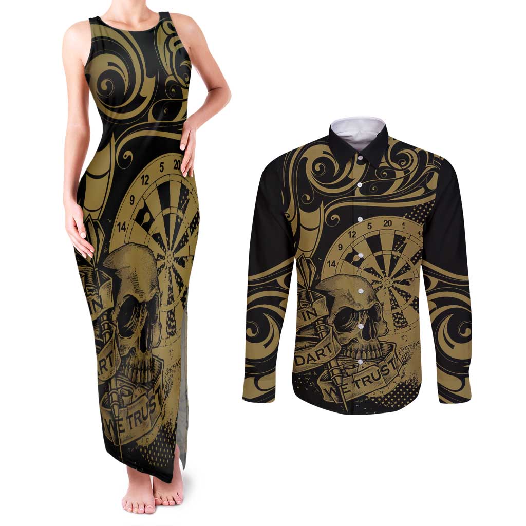New Zealand Darts Couples Matching Tank Maxi Dress and Long Sleeve Button Shirt Skull In Dart We Trust Maori Pattern - Aussie Hoodie