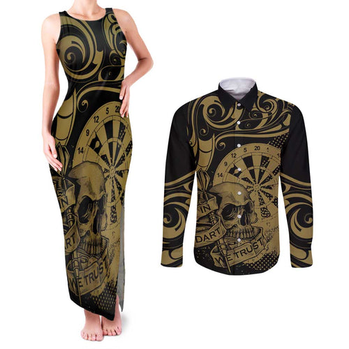New Zealand Darts Couples Matching Tank Maxi Dress and Long Sleeve Button Shirt Skull In Dart We Trust Maori Pattern - Aussie Hoodie