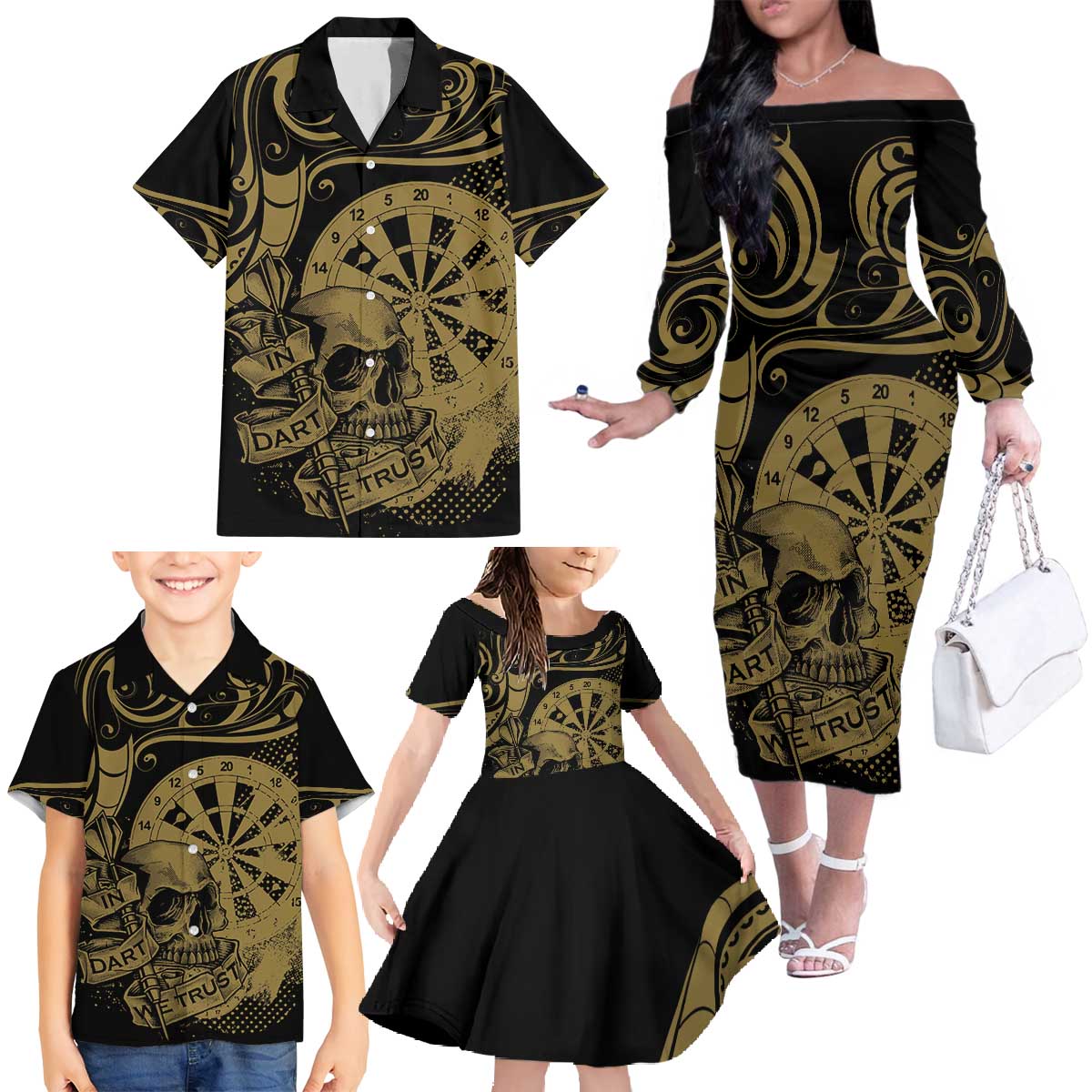 New Zealand Darts Family Matching Off The Shoulder Long Sleeve Dress and Hawaiian Shirt Skull In Dart We Trust Maori Pattern - Aussie Hoodie
