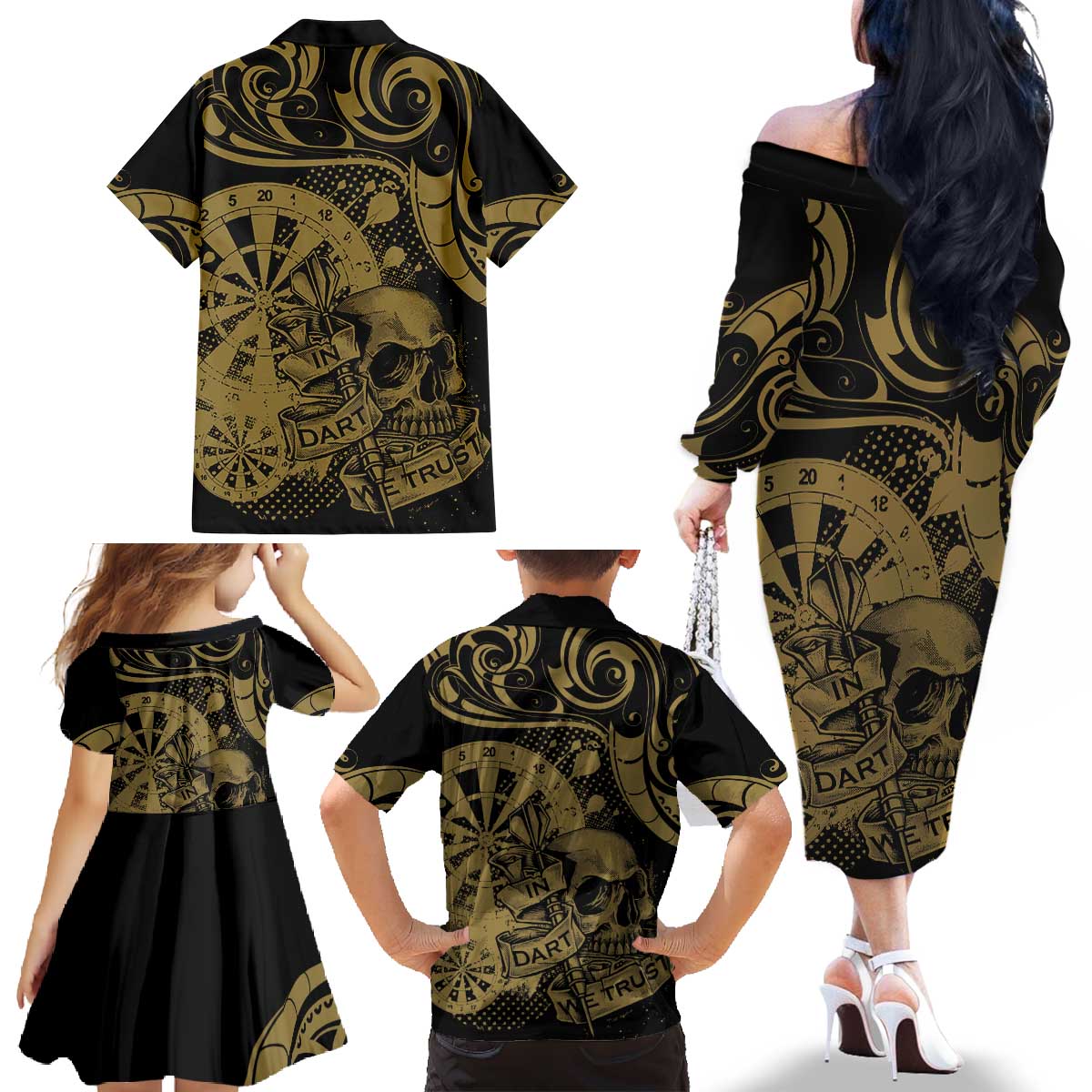 New Zealand Darts Family Matching Off The Shoulder Long Sleeve Dress and Hawaiian Shirt Skull In Dart We Trust Maori Pattern - Aussie Hoodie