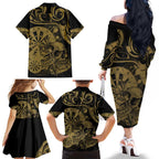 New Zealand Darts Family Matching Off The Shoulder Long Sleeve Dress and Hawaiian Shirt Skull In Dart We Trust Maori Pattern - Aussie Hoodie