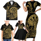 New Zealand Darts Family Matching Short Sleeve Bodycon Dress and Hawaiian Shirt Skull In Dart We Trust Maori Pattern - Aussie Hoodie