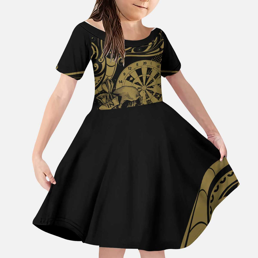 New Zealand Darts Kid Short Sleeve Dress Skull In Dart We Trust Maori Pattern - Aussie Hoodie