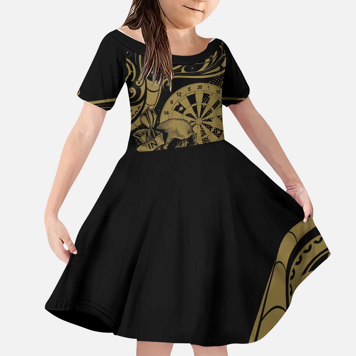 New Zealand Darts Kid Short Sleeve Dress Skull In Dart We Trust Maori Pattern - Aussie Hoodie