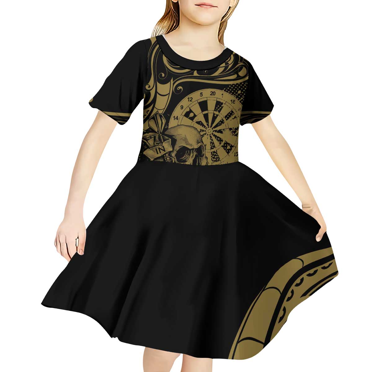 New Zealand Darts Kid Short Sleeve Dress Skull In Dart We Trust Maori Pattern - Aussie Hoodie