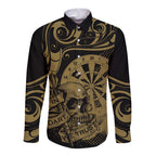 New Zealand Darts Long Sleeve Button Shirt Skull In Dart We Trust Maori Pattern - Aussie Hoodie