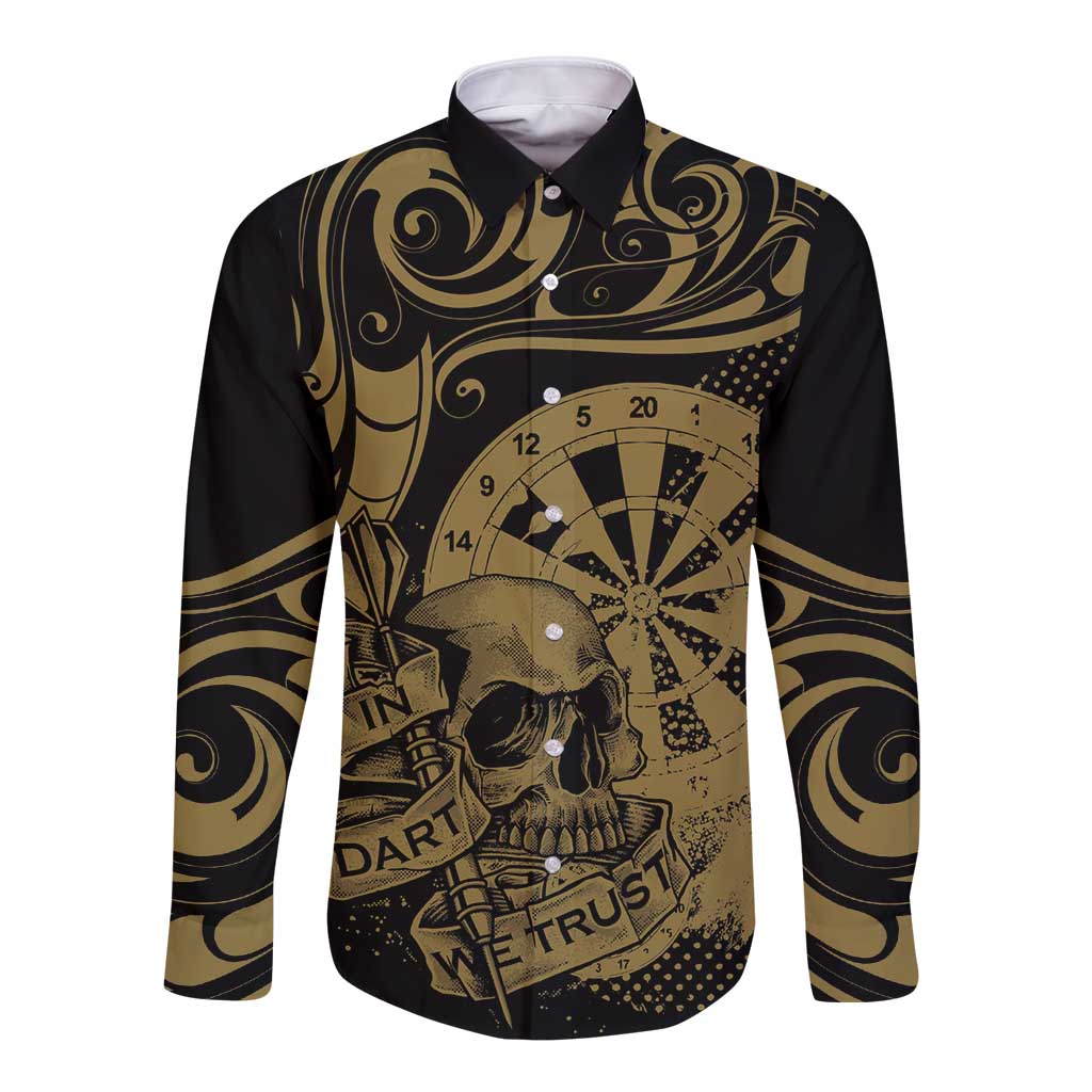 New Zealand Darts Long Sleeve Button Shirt Skull In Dart We Trust Maori Pattern - Aussie Hoodie