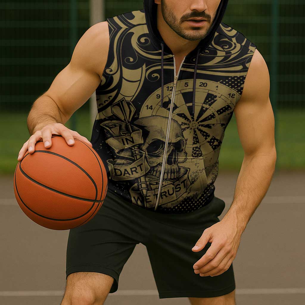 New Zealand Darts Sleeveless Zip Hoodie Skull In Dart We Trust Maori Pattern - Aussie Hoodie