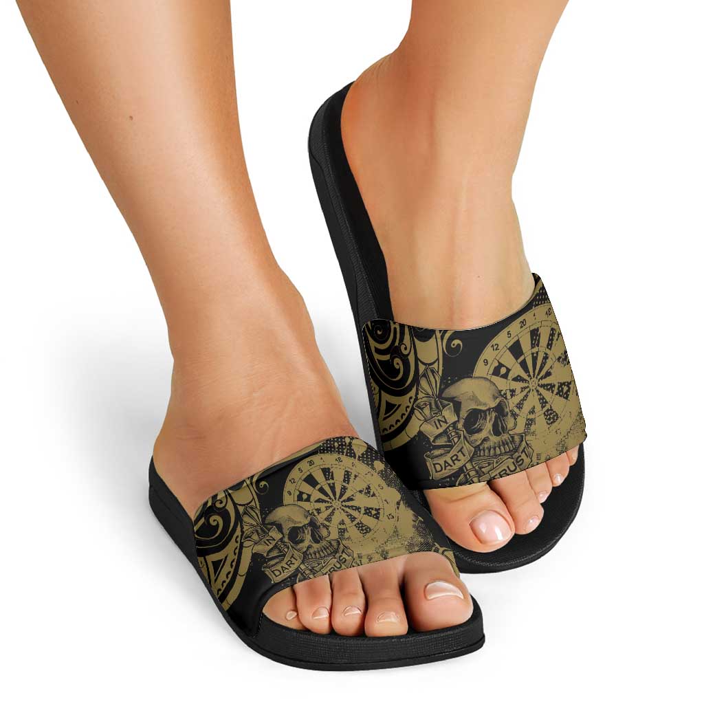 New Zealand Darts Slide Sandals Skull In Dart We Trust Maori Pattern - Aussie Hoodie