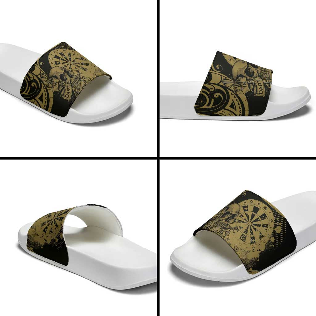 New Zealand Darts Slide Sandals Skull In Dart We Trust Maori Pattern - Aussie Hoodie