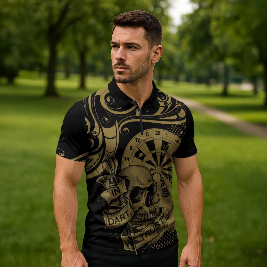 New Zealand Darts Zipper Polo Shirt Skull In Dart We Trust Maori Pattern - Aussie Hoodie