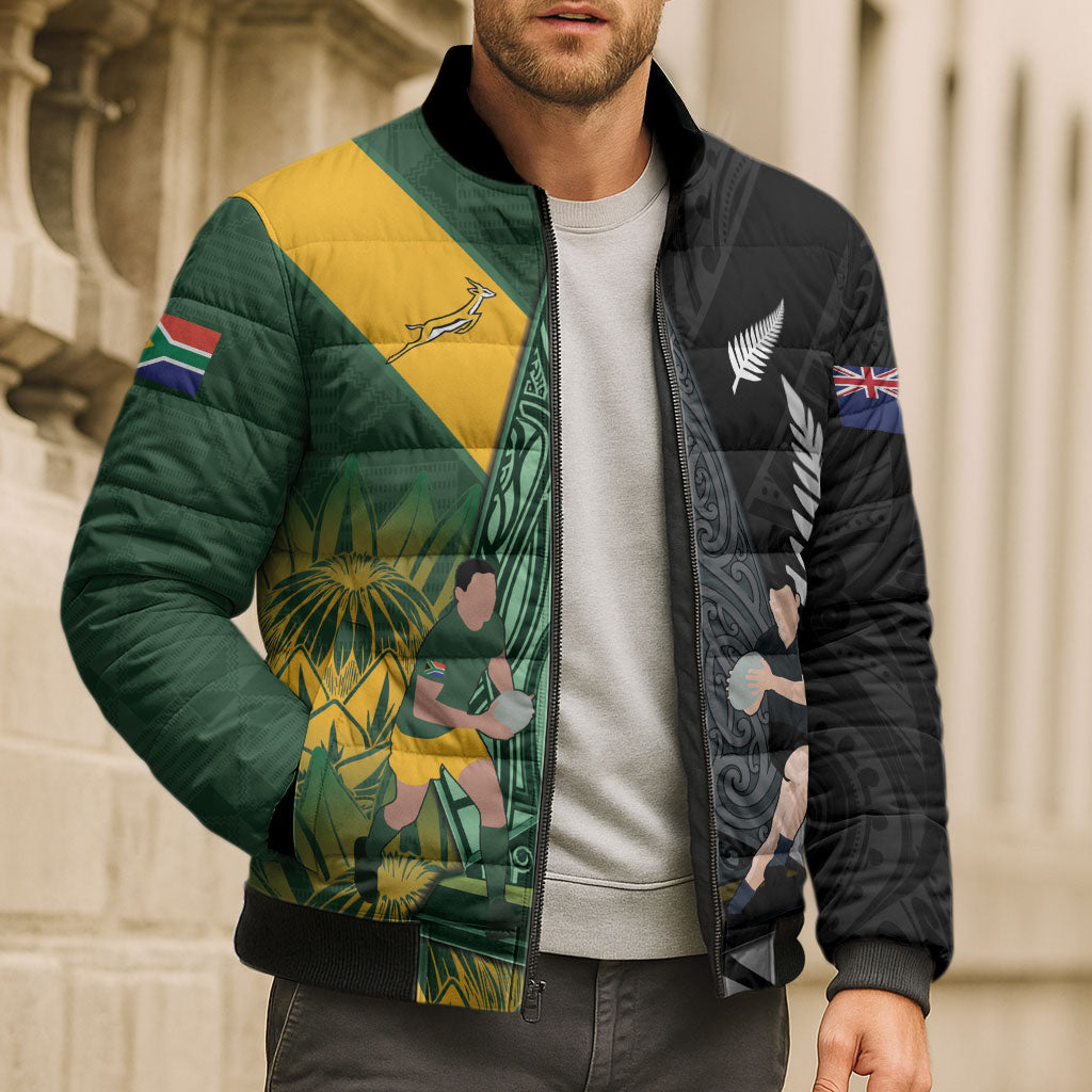 New Zealand and South Africa Rugby Custom Bomber Puffer Jacket Ultimate Rivalry All Black Springboks