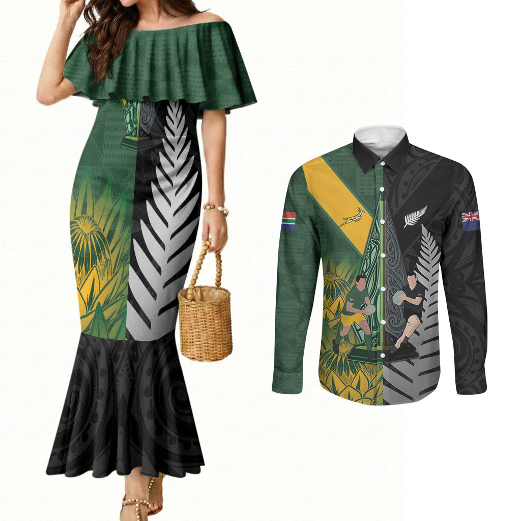 New Zealand and South Africa Rugby Custom Couples Matching Mermaid Dress and Long Sleeve Button Shirt Ultimate Rivalry All Black Springboks