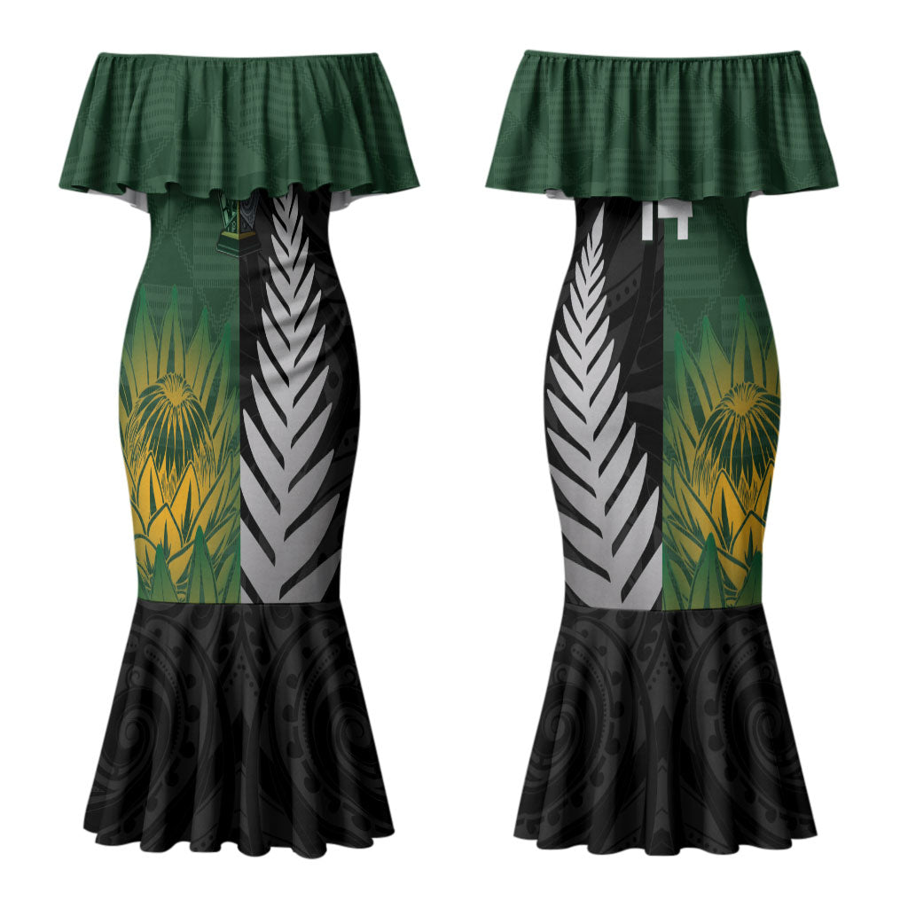 New Zealand and South Africa Rugby Custom Couples Matching Mermaid Dress and Long Sleeve Button Shirt Ultimate Rivalry All Black Springboks