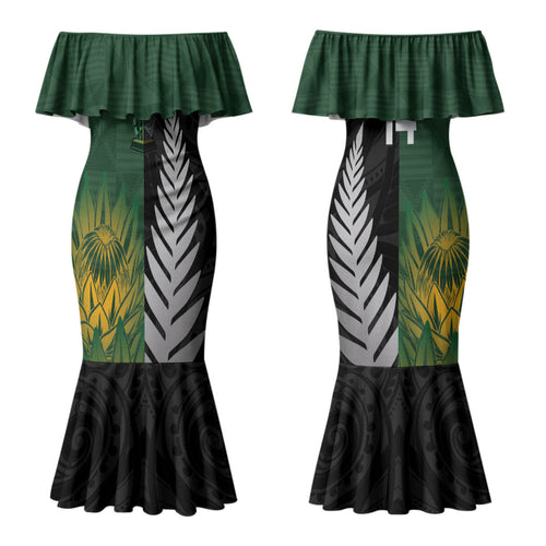 New Zealand and South Africa Rugby Custom Couples Matching Mermaid Dress and Long Sleeve Button Shirt Ultimate Rivalry All Black Springboks