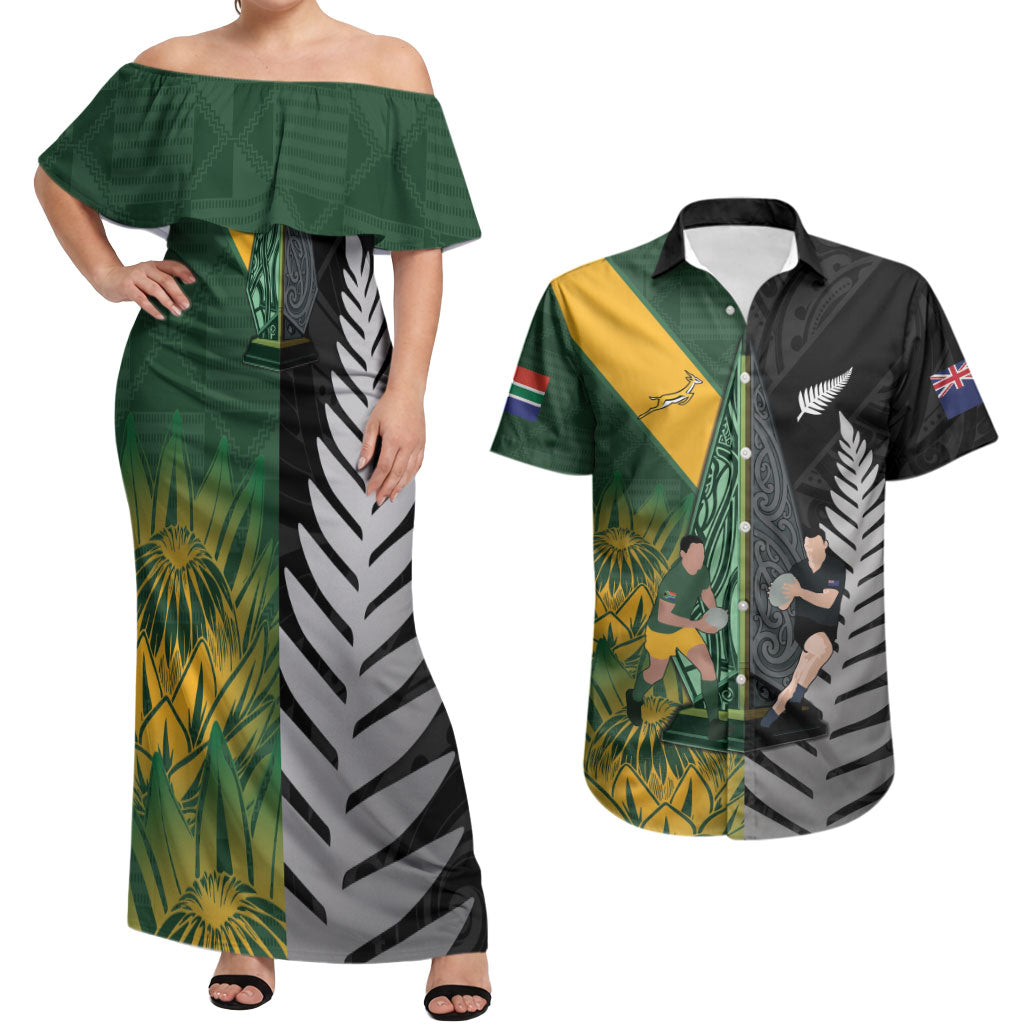 New Zealand and South Africa Rugby Custom Couples Matching Off Shoulder Maxi Dress and Hawaiian Shirt Ultimate Rivalry All Black Springboks