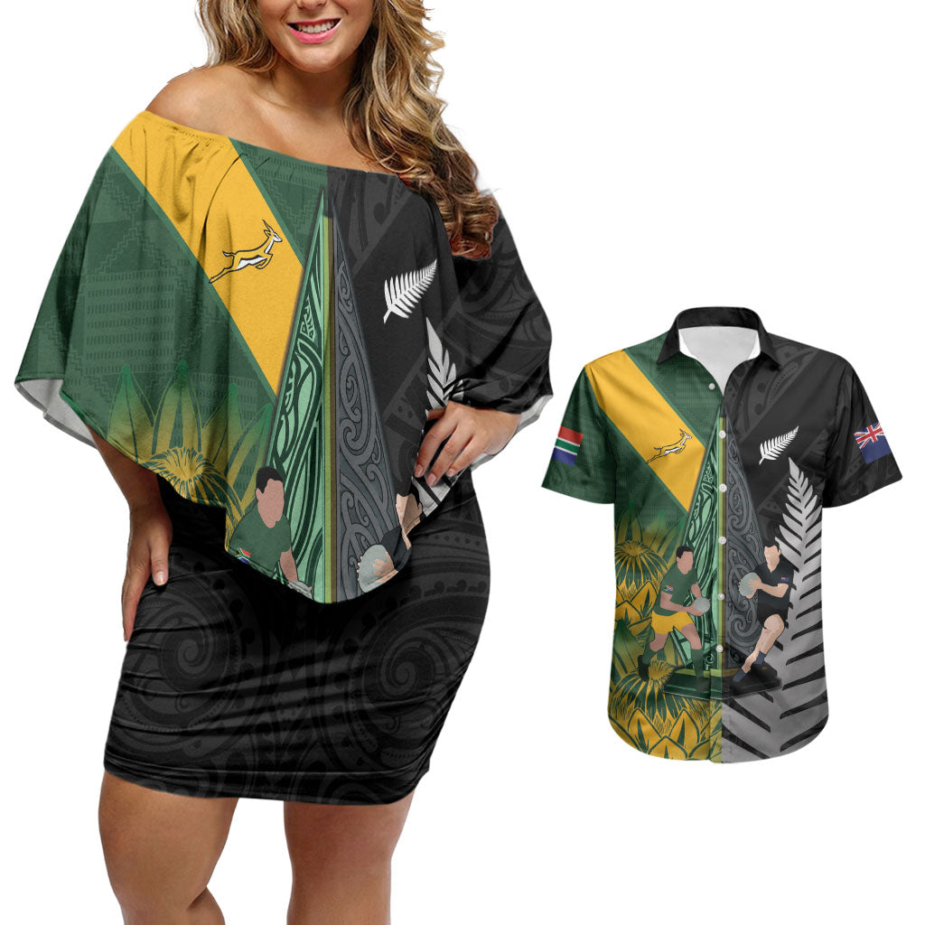 New Zealand and South Africa Rugby Custom Couples Matching Off Shoulder Short Dress and Hawaiian Shirt Ultimate Rivalry All Black Springboks