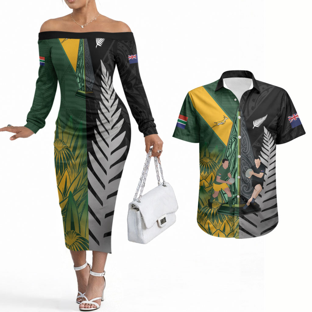 New Zealand and South Africa Rugby Custom Couples Matching Off The Shoulder Long Sleeve Dress and Hawaiian Shirt Ultimate Rivalry All Black Springboks