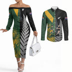 New Zealand and South Africa Rugby Custom Couples Matching Off The Shoulder Long Sleeve Dress and Long Sleeve Button Shirt Ultimate Rivalry All Black Springboks