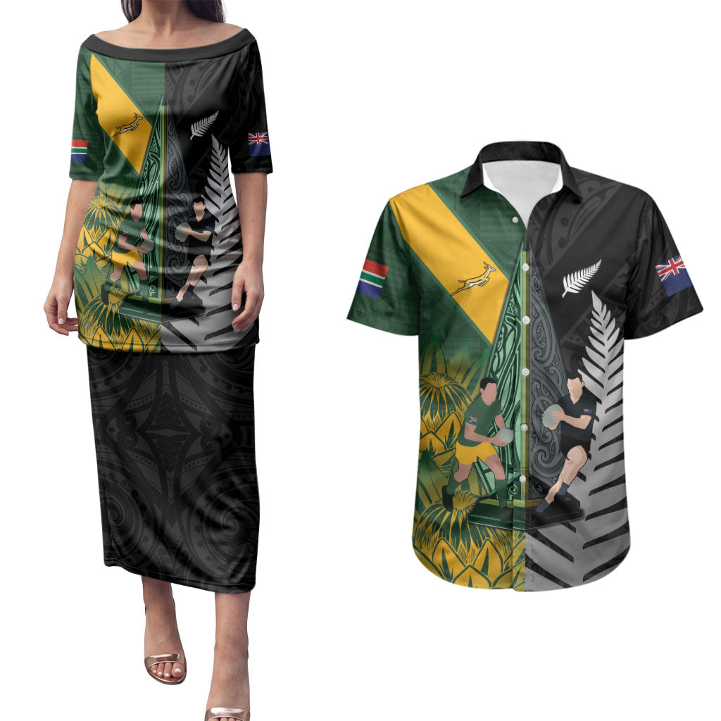 New Zealand and South Africa Rugby Custom Couples Matching Puletasi and Hawaiian Shirt Ultimate Rivalry All Black Springboks