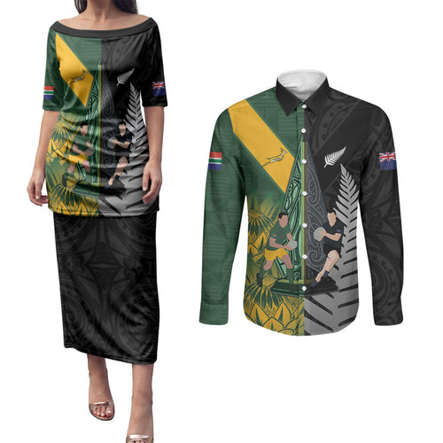 New Zealand and South Africa Rugby Custom Couples Matching Puletasi and Long Sleeve Button Shirt Ultimate Rivalry All Black Springboks