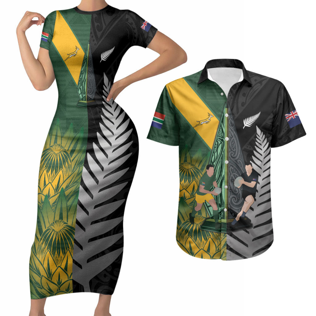 New Zealand and South Africa Rugby Custom Couples Matching Short Sleeve Bodycon Dress and Hawaiian Shirt Ultimate Rivalry All Black Springboks