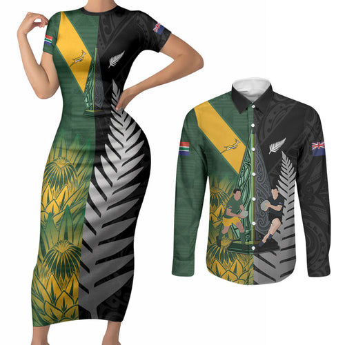New Zealand and South Africa Rugby Custom Couples Matching Short Sleeve Bodycon Dress and Long Sleeve Button Shirt Ultimate Rivalry All Black Springboks