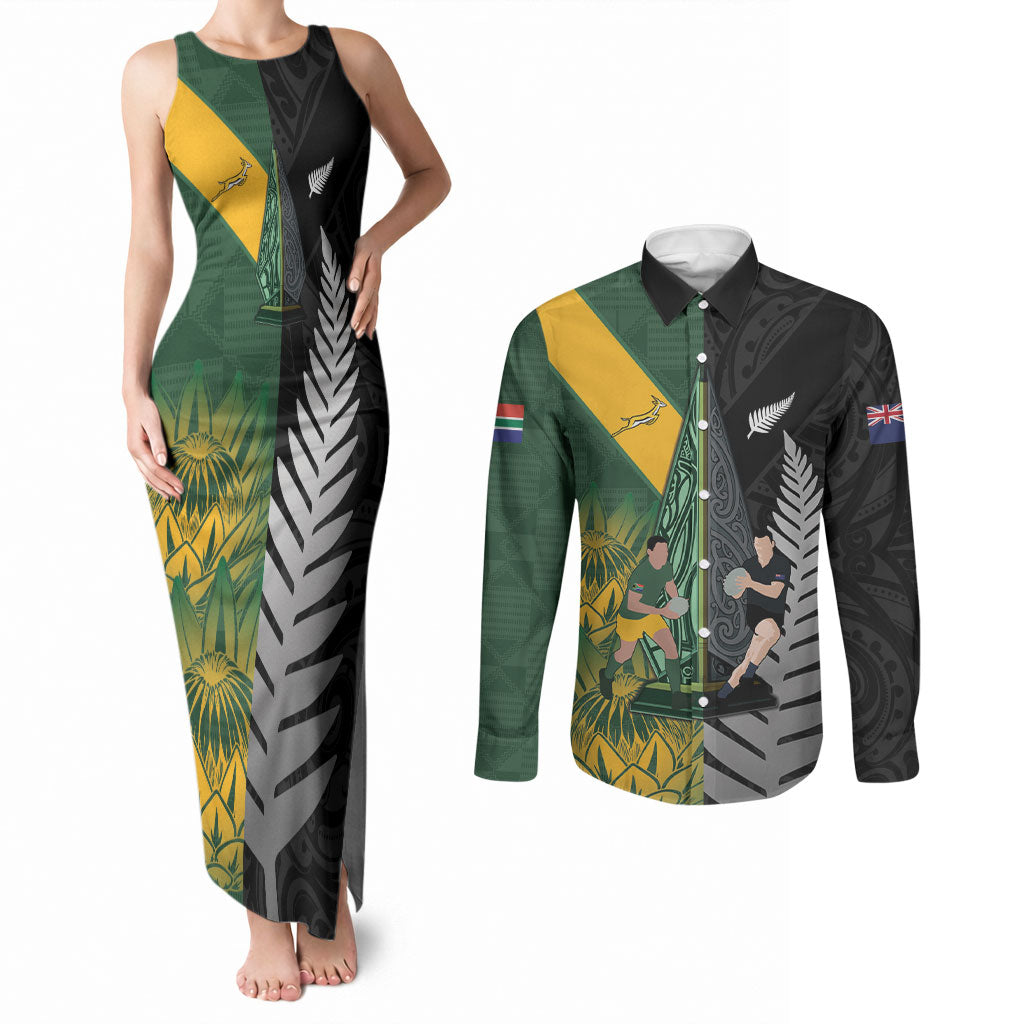 New Zealand and South Africa Rugby Custom Couples Matching Tank Maxi Dress and Long Sleeve Button Shirt Ultimate Rivalry All Black Springboks