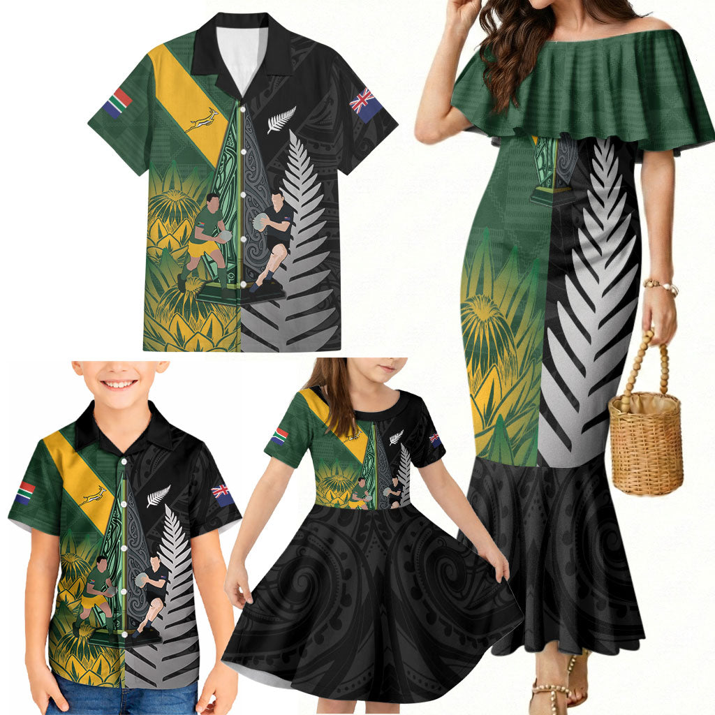 New Zealand and South Africa Rugby Custom Family Matching Mermaid Dress and Hawaiian Shirt Ultimate Rivalry All Black Springboks