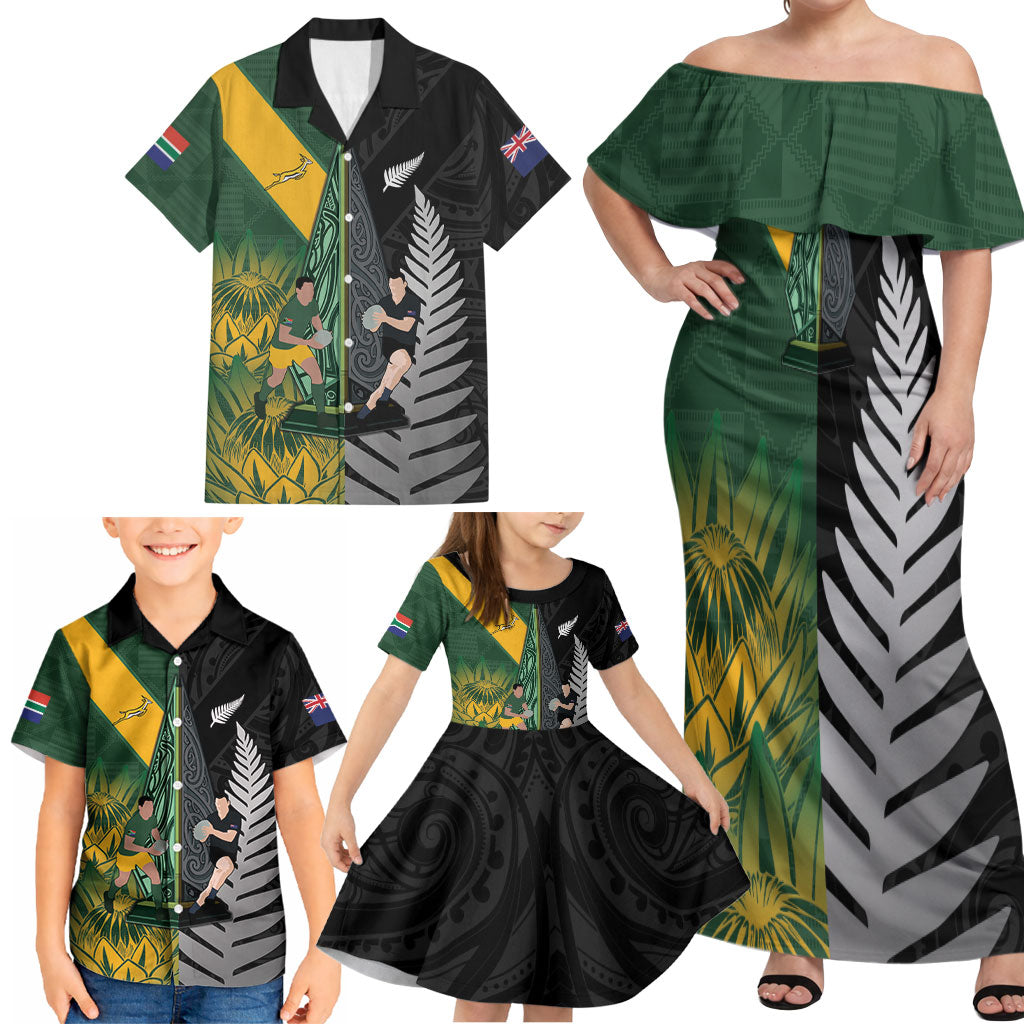 New Zealand and South Africa Rugby Custom Family Matching Off Shoulder Maxi Dress and Hawaiian Shirt Ultimate Rivalry All Black Springboks