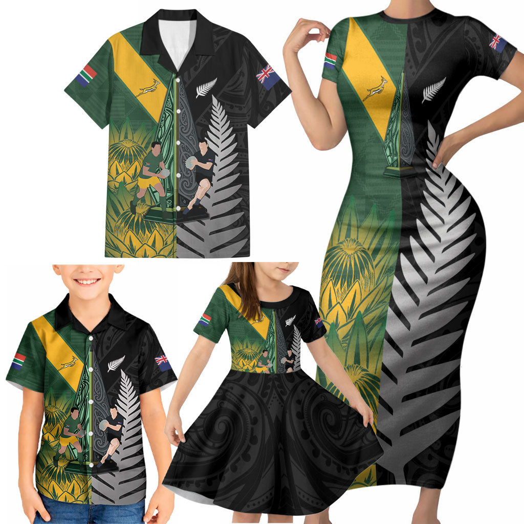 New Zealand and South Africa Rugby Custom Family Matching Short Sleeve Bodycon Dress and Hawaiian Shirt Ultimate Rivalry All Black Springboks