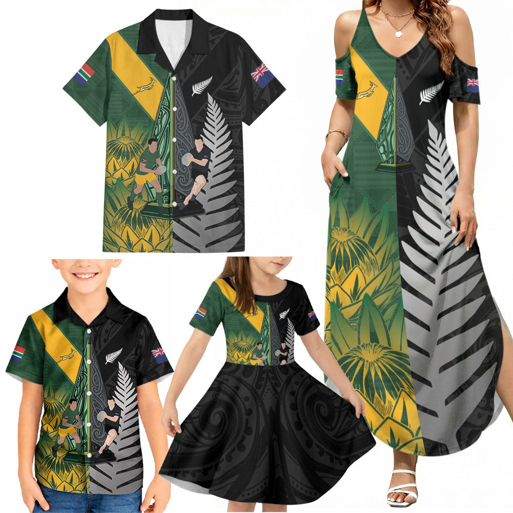 New Zealand and South Africa Rugby Custom Family Matching Summer Maxi Dress and Hawaiian Shirt Ultimate Rivalry All Black Springboks