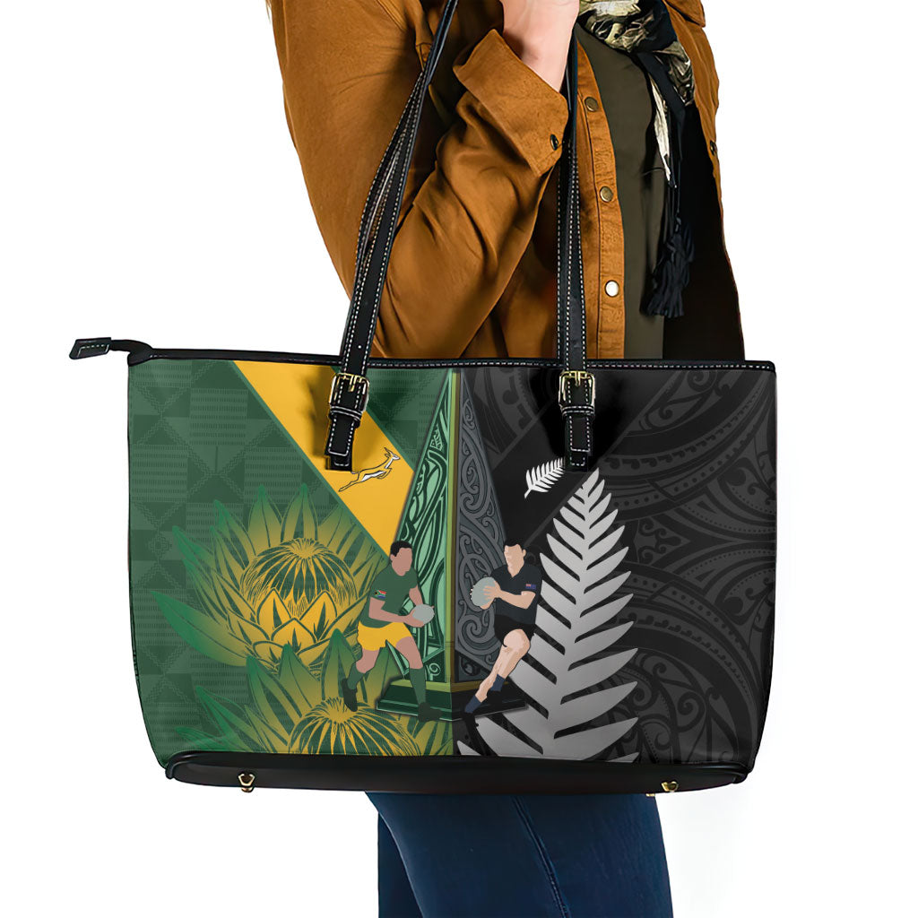 New Zealand and South Africa Rugby Leather Tote Bag Ultimate Rivalry All Black Springboks
