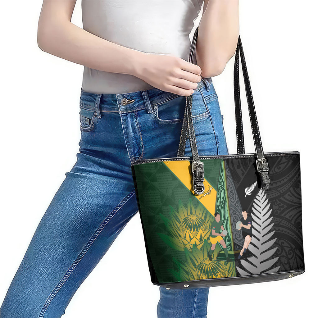 New Zealand and South Africa Rugby Leather Tote Bag Ultimate Rivalry All Black Springboks